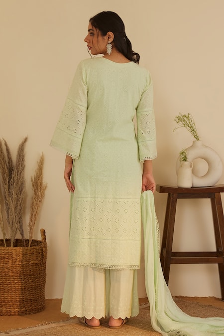 Shop Shrutkirti Green Pure Cotton Embroidery Floral Schiffli Cutwork Pattern Kurta Set at Aza Fashions Shop_Shrutkirti_Green Pure Cotton Embroidery Floral Schiffli Cutwork Pattern Kurta Set _at_Aza_Fashions