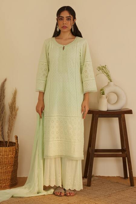 Shrutkirti Green Pure Cotton Embroidery Floral Schiffli Cutwork Pattern Kurta Set Online at Aza Fashions Shrutkirti_Green Pure Cotton Embroidery Floral Schiffli Cutwork Pattern Kurta Set _Online_at_Aza_Fashions