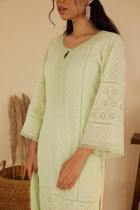 Buy Shrutkirti Green Pure Cotton Embroidery Floral Schiffli Cutwork Pattern Kurta Set Online at Aza Fashions Buy_Shrutkirti_Green Pure Cotton Embroidery Floral Schiffli Cutwork Pattern Kurta Set _Online_at_Aza_Fashions