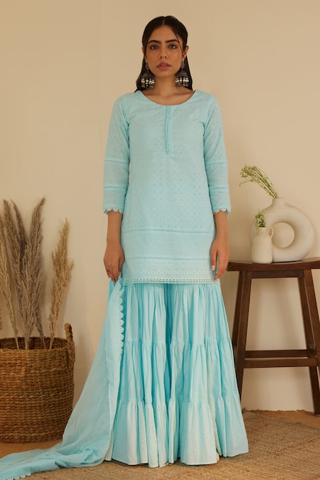 Shrutkirti_Blue Pure Cotton Embroidery Floral Schiffli Pattern Kurta Gharara Set _Online_at_Aza_Fashions
