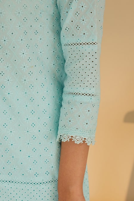 Shop_Shrutkirti_Blue Pure Cotton Embroidery Floral Schiffli Pattern Kurta Gharara Set _Online_at_Aza_Fashions