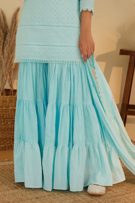 Shrutkirti_Blue Pure Cotton Embroidery Floral Schiffli Pattern Kurta Gharara Set _at_Aza_Fashions