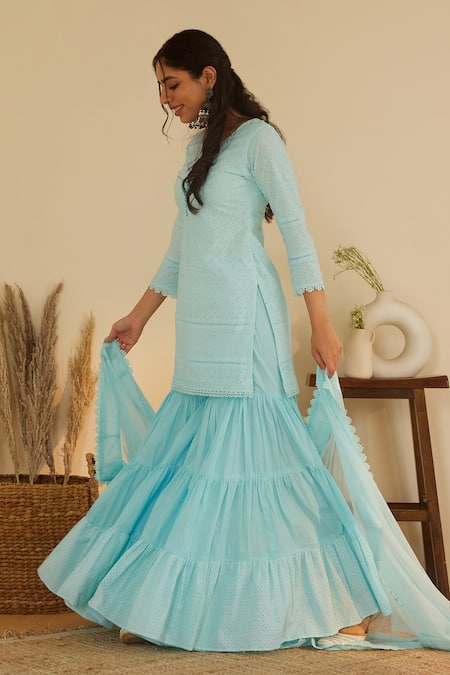 Buy_Shrutkirti_Blue Pure Cotton Embroidery Floral Schiffli Pattern Kurta Gharara Set 