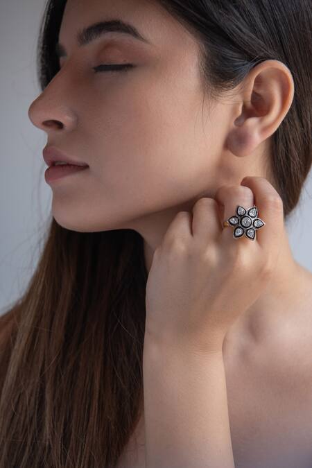 Buy_Do Taara_Silver Plated Fabric Flowers, Diamonds Faux Ring _Online_at_Aza_Fashions