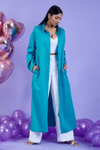 Buy Kokokos Green Cotton Satin Long Shirt Flared Pant Set at Aza Fashions Buy_Kokokos_Green Cotton Satin Long Shirt Flared Pant Set_at_Aza_Fashions