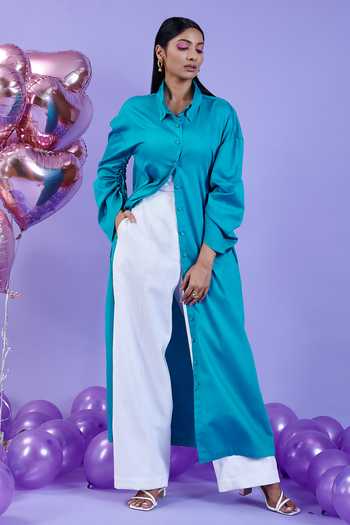 Buy Kokokos Green Cotton Satin Long Shirt Flared Pant Set Buy_Kokokos_Green Cotton Satin Long Shirt Flared Pant Set