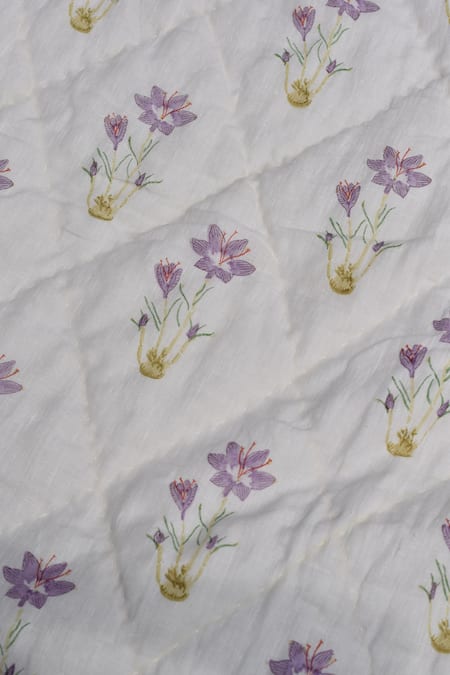 Taru Jaipur_White 100% Linen Quilted Zafran Blanket_Online_at_Aza_Fashions