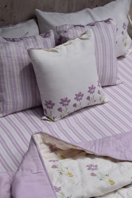 Shop_Taru Jaipur_Purple 100% Linen Printed Zafran Bedsheet Set_at_Aza_Fashions