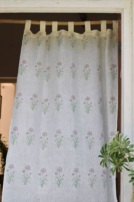 Shop_Taru Jaipur_White 100% Linen Printed Rynsun Curtain _at_Aza_Fashions
