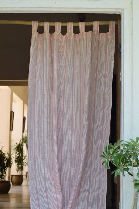Shop_Taru Jaipur_White 100% Linen Printed Gulabi Rekh Curtain_at_Aza_Fashions