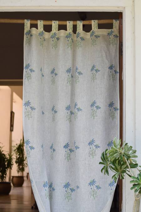 Shop_Taru Jaipur_White 100% Linen Printed Kallonji Curtain_at_Aza_Fashions