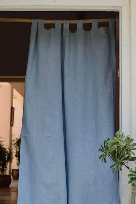 Shop_Taru Jaipur_Blue 100% Linen Asmaani Curtain_at_Aza_Fashions