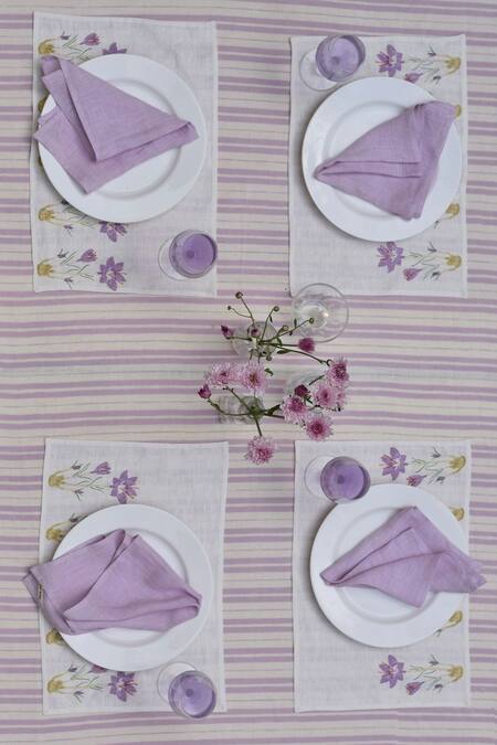 Taru Jaipur_Purple 100% Linen Printed Jamuni Rekh Table Cover_Online_at_Aza_Fashions