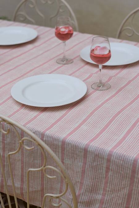 Shop_Taru Jaipur_Pink 100% Linen Printed Gulabi Rekh Table Cover_Online_at_Aza_Fashions