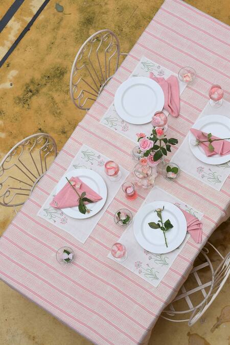 Taru Jaipur Pink 100% Linen Printed Gulabi Rekh Table Cover