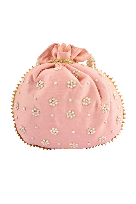 Nazaakat By Samara Singh Peach Embroidery, Beads Floral Pearl Embellished Potli at Aza Fashions Nazaakat By Samara Singh_Peach Embroidery, Beads Floral Pearl Embellished Potli _at_Aza_Fashions