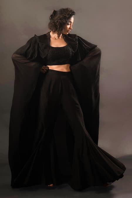 PDS by SNEHA Black Organza Hand Ruffle Detail Long Cape And Flared Pant Set  