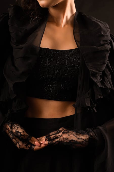 Shop_Pds By Sneha_Black Organza Hand Ruffle Detail Long Cape And Flared Pant Set  _Online_at_Aza_Fashions