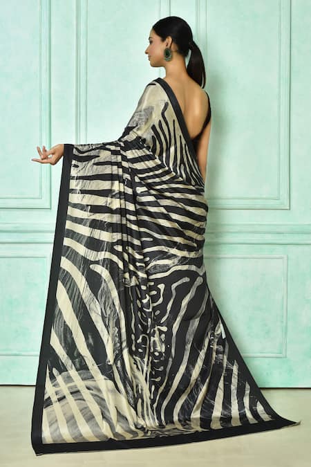 Iron White And Black Printed Satin Silk Saree