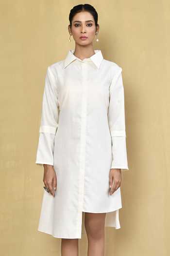 Naintara Bajaj_White Cotton Shirt Collar Asymmetric Dress_Online_at_Aza_Fashions