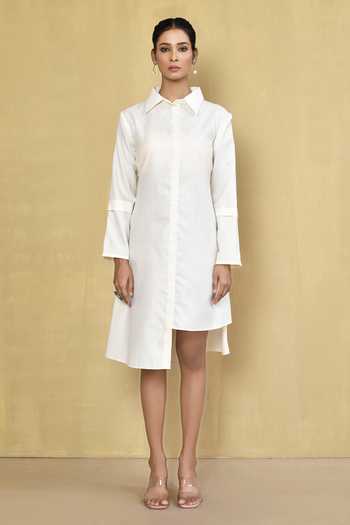 Buy_Naintara Bajaj_White Cotton Shirt Collar Asymmetric Dress_Online_at_Aza_Fashions