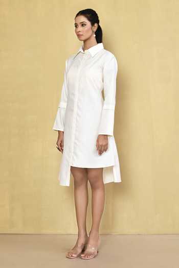 Shop_Naintara Bajaj_White Cotton Shirt Collar Asymmetric Dress_Online_at_Aza_Fashions