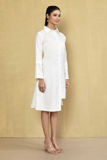 Naintara Bajaj_White Cotton Shirt Collar Asymmetric Dress_at_Aza_Fashions
