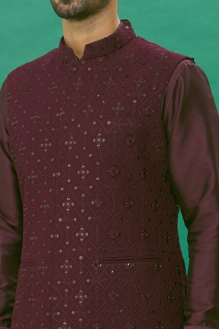 Shop Rng Safawala Wine Cotton, Silk Sequins, Embroidery Kurta Set With Nehru Jacket Online at Aza Fashions Shop_Rng Safawala_Wine Cotton, Silk Sequins, Embroidery Kurta Set With Nehru Jacket_Online_at_Aza_Fashions