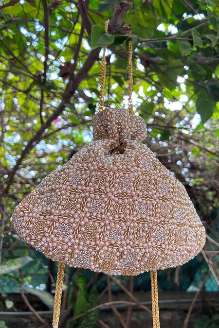 Shop Nayaab By Sonia Gold Zari, Embroidery Pearl Dew Zardozi Potli at Aza Fashions Shop_Nayaab By Sonia_Gold Zari, Embroidery Pearl Dew Zardozi Potli _at_Aza_Fashions