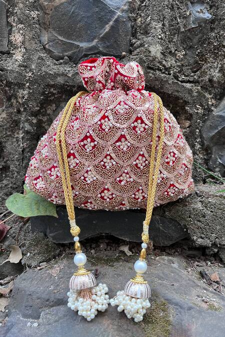 Buy Nayaab By Sonia Red Embroidery, Sequins, Pearls Vieira Scallop Embellished Potli Online at Aza Fashions Buy_Nayaab By Sonia_Red Embroidery, Sequins, Pearls Vieira Scallop Embellished Potli _Online_at_Aza_Fashions