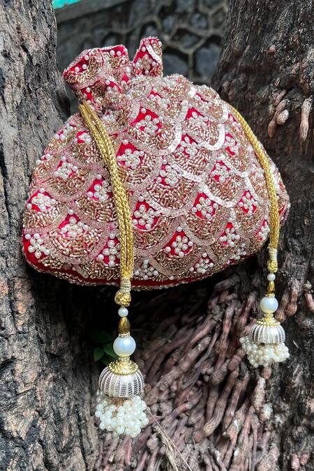 Shop Nayaab By Sonia Red Embroidery, Sequins, Pearls Vieira Scallop Embellished Potli Online at Aza Fashions Shop_Nayaab By Sonia_Red Embroidery, Sequins, Pearls Vieira Scallop Embellished Potli _Online_at_Aza_Fashions