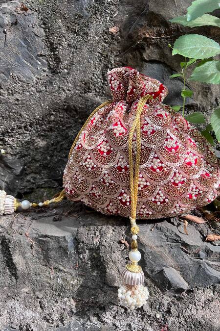 Nayaab By Sonia Red Embroidery, Sequins, Pearls Vieira Scallop Embellished Potli at Aza Fashions Nayaab By Sonia_Red Embroidery, Sequins, Pearls Vieira Scallop Embellished Potli _at_Aza_Fashions