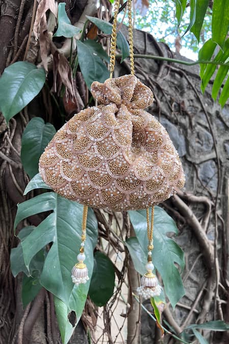 Nayaab By Sonia Gold Embroidery, Sequins Viera Silk Embellished Potli at Aza Fashions Nayaab By Sonia_Gold Embroidery, Sequins Viera Silk Embellished Potli _at_Aza_Fashions