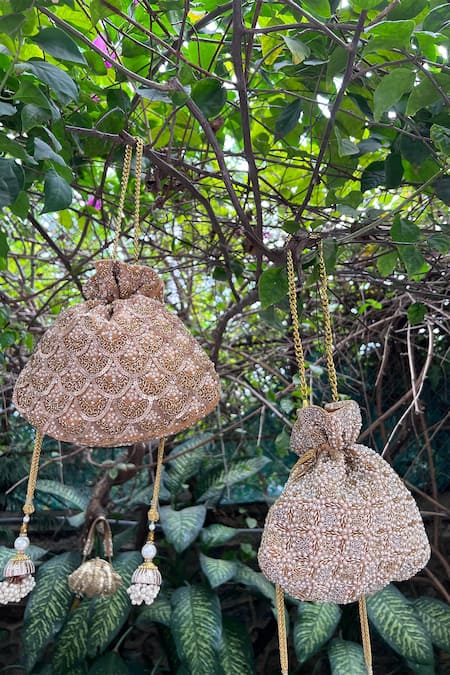 Shop Nayaab By Sonia Gold Embroidery, Sequins Viera Silk Embellished Potli Shop_Nayaab By Sonia_Gold Embroidery, Sequins Viera Silk Embellished Potli