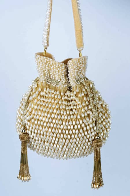 Shop Nayaab By Sonia Gold Pearls, Tassels Taselled Drop Potli at Aza Fashions Shop_Nayaab By Sonia_Gold Pearls, Tassels Taselled Drop Potli _at_Aza_Fashions