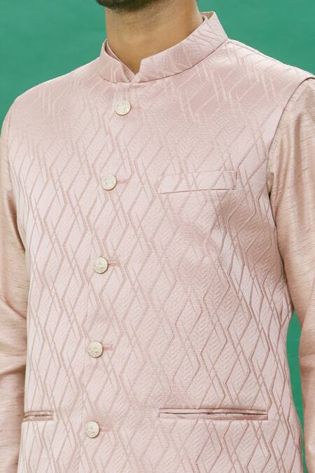 Shop Rng Safawala Pink Jacquard Geometric Pattern Nehru Jacket And Kurta Set Online at Aza Fashions Shop_Rng Safawala_Pink Jacquard Geometric Pattern Nehru Jacket And Kurta Set_Online_at_Aza_Fashions