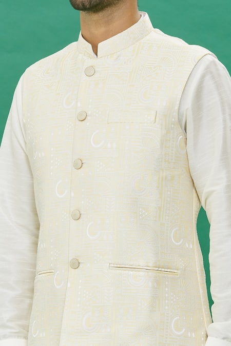 Shop Rng Safawala Yellow Jacquard, Silk Embroidery Floral Nehru Jacket And Kurta Set Online at Aza Fashions Shop_Rng Safawala_Yellow Jacquard, Silk Embroidery Floral Nehru Jacket And Kurta Set _Online_at_Aza_Fashions
