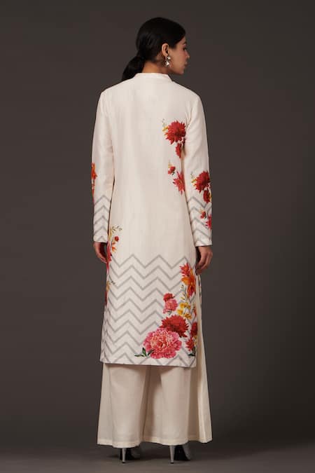 Shop Balance By Rohit Bal Ivory Chanderi Embroidery Mandarin Floral Digital Print Tunic And Palazzo Set at Aza Fashions Shop_Balance By Rohit Bal_Ivory Chanderi Embroidery Mandarin Floral Digital Print Tunic And Palazzo Set _at_Aza_Fashions