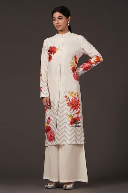 Balance By Rohit Bal Ivory Chanderi Embroidery Mandarin Floral Digital Print Tunic And Palazzo Set Online at Aza Fashions Balance By Rohit Bal_Ivory Chanderi Embroidery Mandarin Floral Digital Print Tunic And Palazzo Set _Online_at_Aza_Fashions