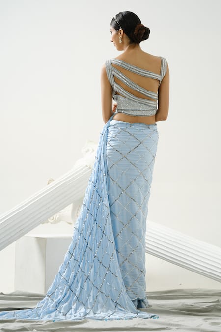 Tamaraa By Tahani_Blue Satin Silk Embroidery Sequin Leaf Neck Lyre Saree With Blouse _Online_at_Aza_Fashions