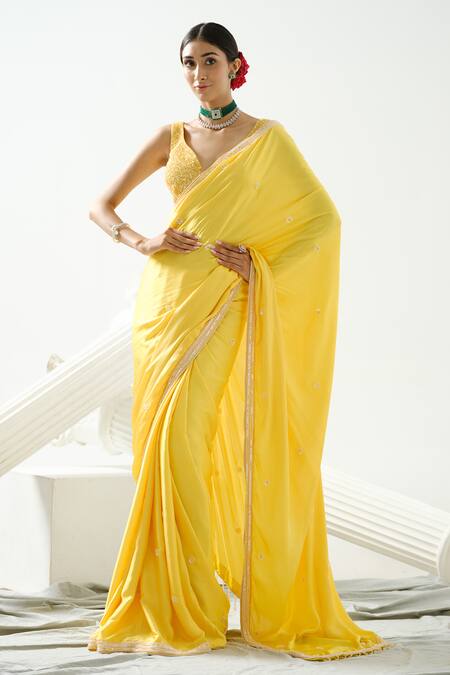 Buy_Tamaraa By Tahani_Yellow Satin, Silk Beads, Celeste Placement Embroidered Saree With Blouse _Online_at_Aza_Fashions