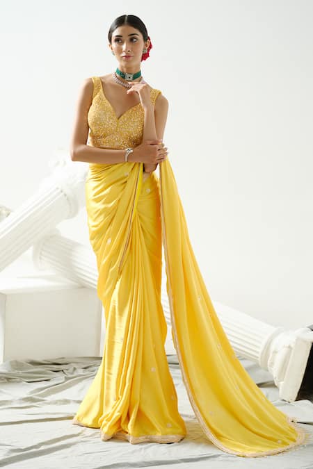 Shop_Tamaraa By Tahani_Yellow Satin, Silk Beads, Celeste Placement Embroidered Saree With Blouse _Online_at_Aza_Fashions