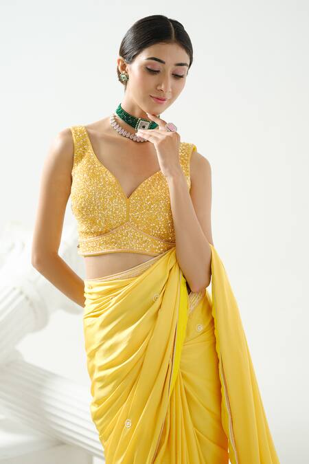 Tamaraa By Tahani_Yellow Satin, Silk Beads, Celeste Placement Embroidered Saree With Blouse _at_Aza_Fashions