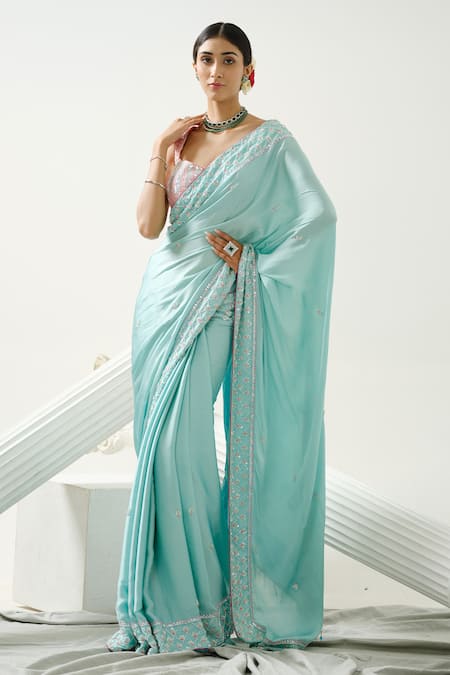 Tamaraa By Tahani Green Satin Silk Embroidery Sequin Sweetheart Neck Ocean Cutdana Saree Set 