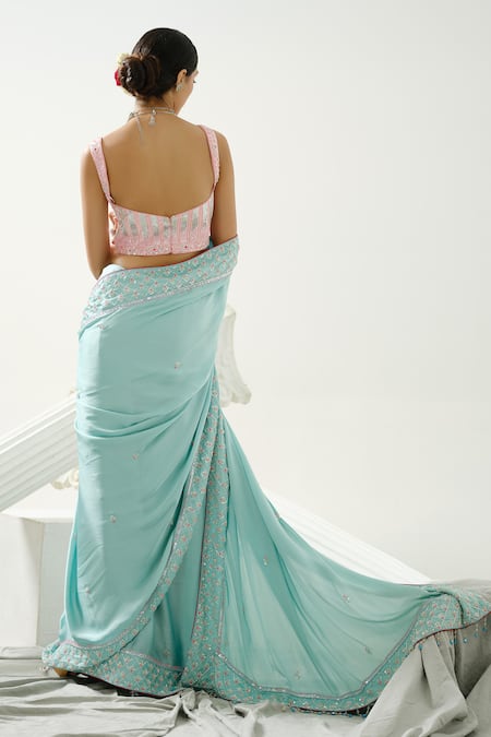 Tamaraa By Tahani_Green Satin Silk Embroidery Sequin Sweetheart Neck Ocean Cutdana Saree Set _Online_at_Aza_Fashions