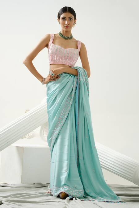 Buy_Tamaraa By Tahani_Green Satin Silk Embroidery Sequin Sweetheart Neck Ocean Cutdana Saree Set _Online_at_Aza_Fashions