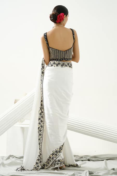 Tamaraa By Tahani_White Satin Silk Embroidery Bead Carol Floral Border Saree With Blouse _Online_at_Aza_Fashions