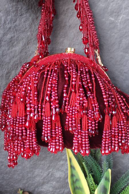 Nayaab By Sonia_Maroon Beads, Sequins Layered Gilt Crystal Taselled Potli_Online_at_Aza_Fashions