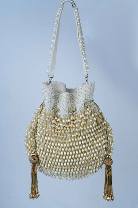 Nayaab by Sonia Off White Embellished Pearl Treasure Taselled Potli