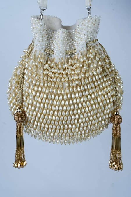 Shop Nayaab By Sonia Off White Pearls, Tassels Treasure Taselled Potli at Aza Fashions Shop_Nayaab By Sonia_Off White Pearls, Tassels Treasure Taselled Potli _at_Aza_Fashions